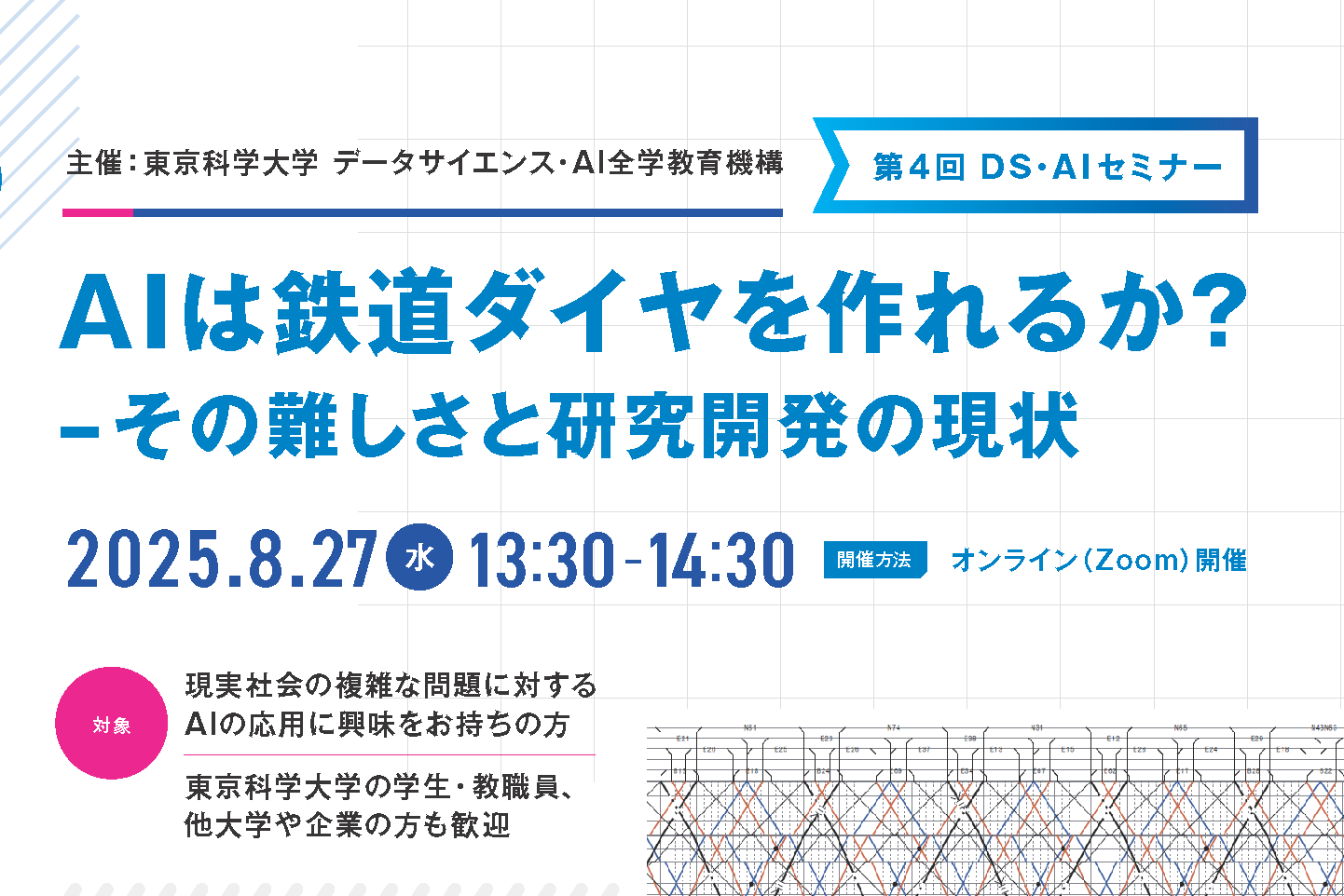 第4回DS・AIセミナー「AIは鉄道ダイヤを作れるか？ – その難しさと研究開発の現状」を開催いたします